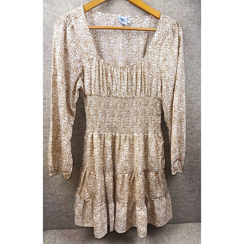 Princess Polly Women’s Size 10 White/Brown Floral Square Neck Smocked Mini Dress